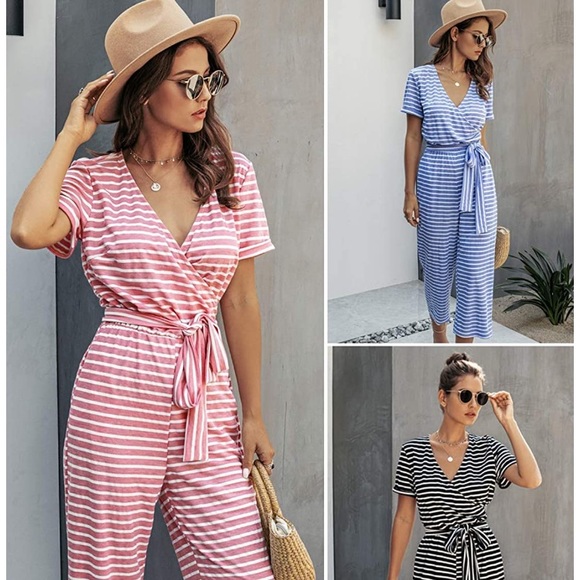 Striped Wide Leg Jumpsuit Romper with Pockets - Picture 5 of 5